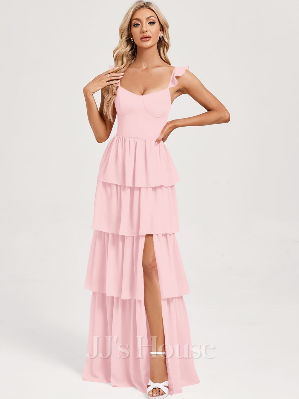 NWT JJs House Josseline Petal Pink Tiered Ruffle Chiffon Dress Bridesmaid Formal